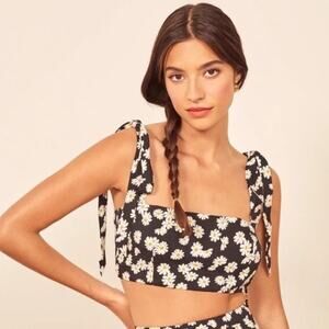 Reformation Black Daisy Print Tie-Shoulder Crop Top